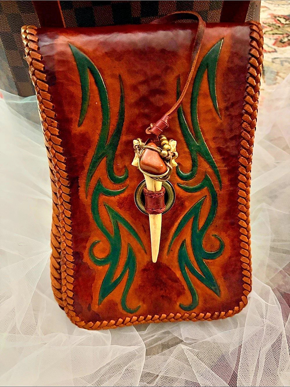Custom Tooled Leather Crossbody Bag in Brown & Green